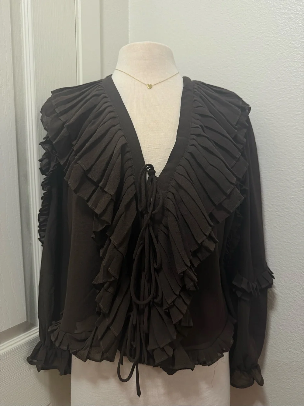 Joie Dark Brown Hot Fudge Boho/Vintage Ruffle Tie-Front Long Sleeve Blouse